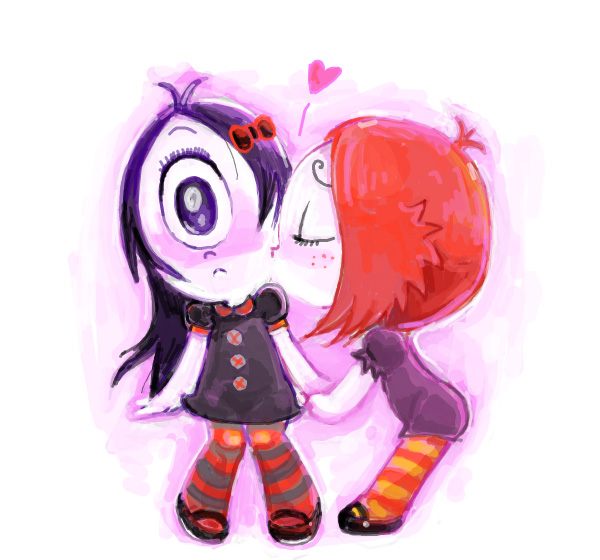 2girls, blush, cyclops, iris_(ruby_gloom), kiss, monster_girl, multiple_girls, ruby_gloom