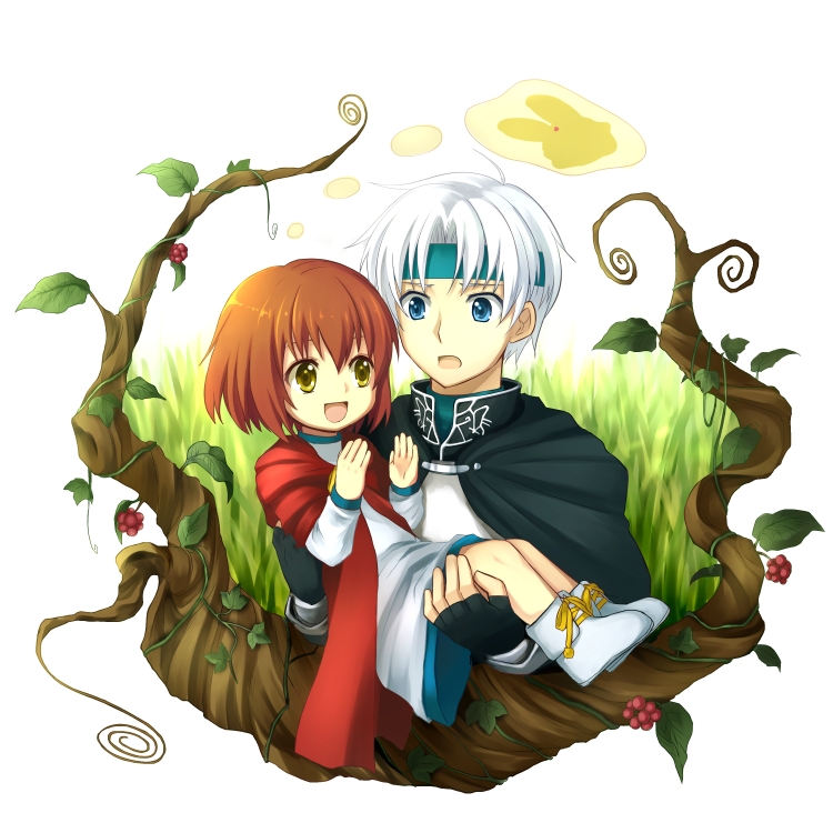 1boy, 1girl, :d, arle_nadja, blue_eyes, brown_hair, cape, carbuncle_(puyopuyo)