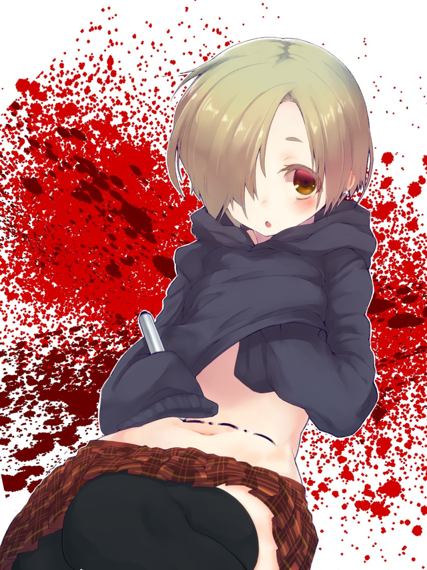 1girl, bags_under_eyes, black_legwear, blonde_hair, blush, brown_eyes, earrings, hair_over_one_eye
