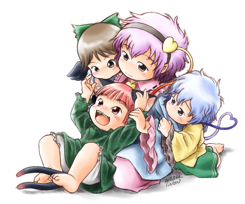 4girls, animal_ears, black_wings, brown_hair, cat_ears, cat_tail, child, chinon