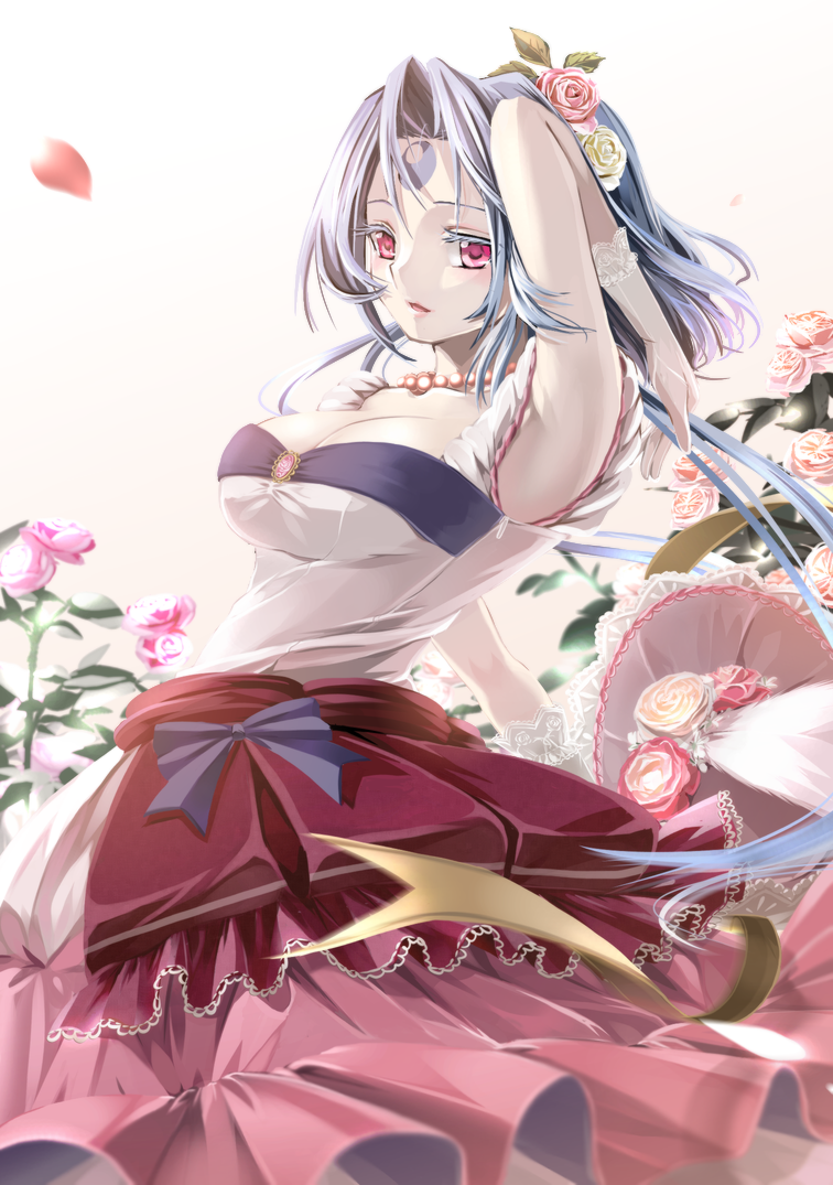 1girl, armpits, blue_hair, bow, breasts, cleavage, flower, gloves