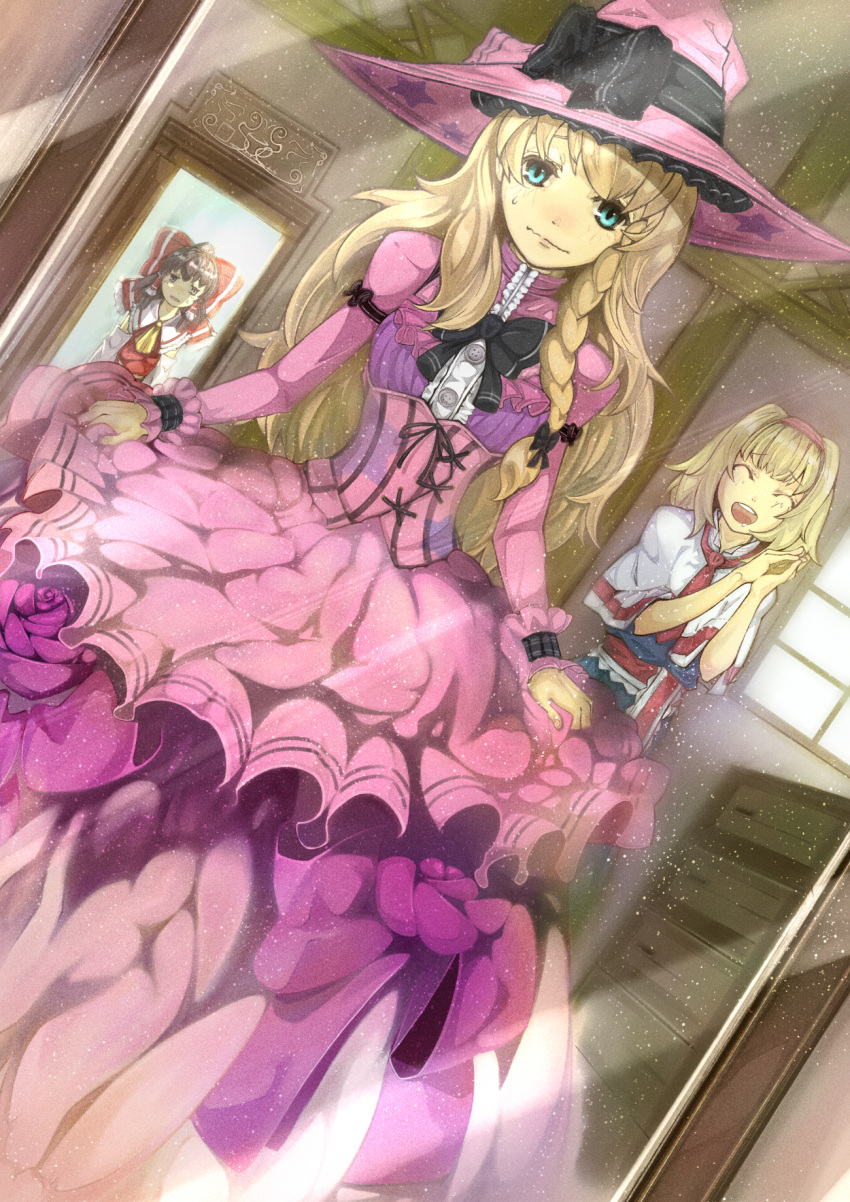 3girls, alice_margatroid, alternate_costume, blonde_hair, blue_eyes, bow, braid, brown_hair