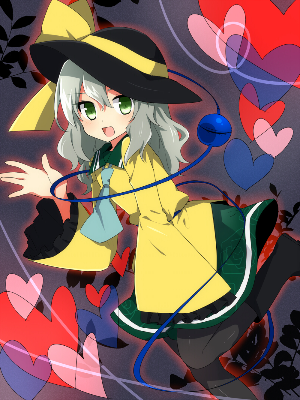 black_legwear, frills, green_eyes, hat, hat_ribbon, heart, highres, komeiji_koishi