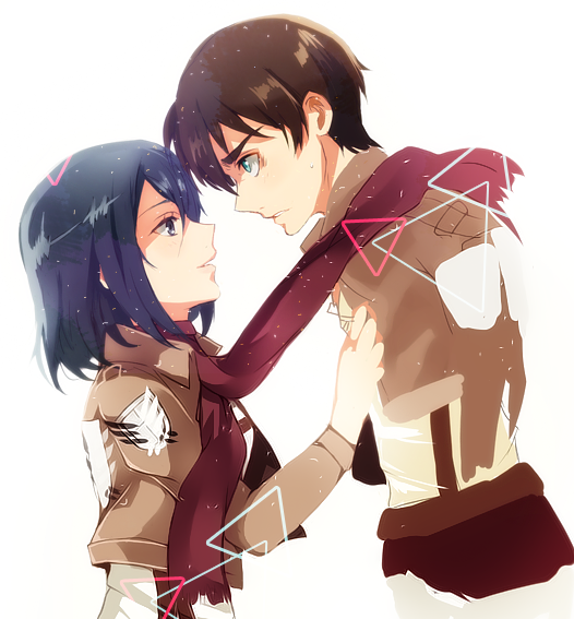 1boy, 1girl, black_hair, blue_eyes, brown_hair, cropped_jacket, eren_jaeger, eye_contact