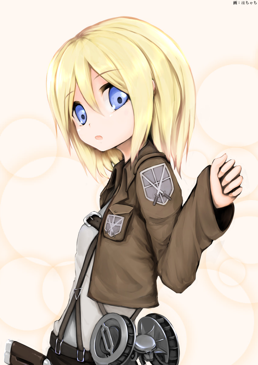 1girl, belt, blonde_hair, christa_renz, hachachi, highres, jacket, long_sleeves, open_mouth, shingeki_no_kyojin, short_hair, solo, three-dimensional_maneuver_gear