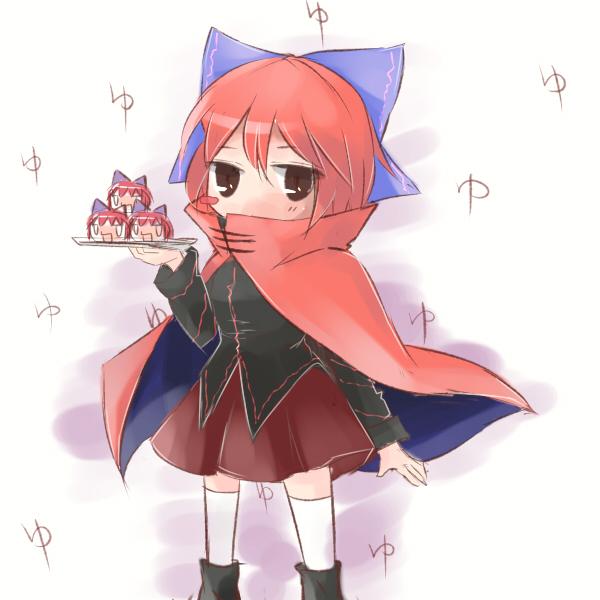 1girl, bow, brown_eyes, cape, hair_bow, long_sleeves, plate, redhead