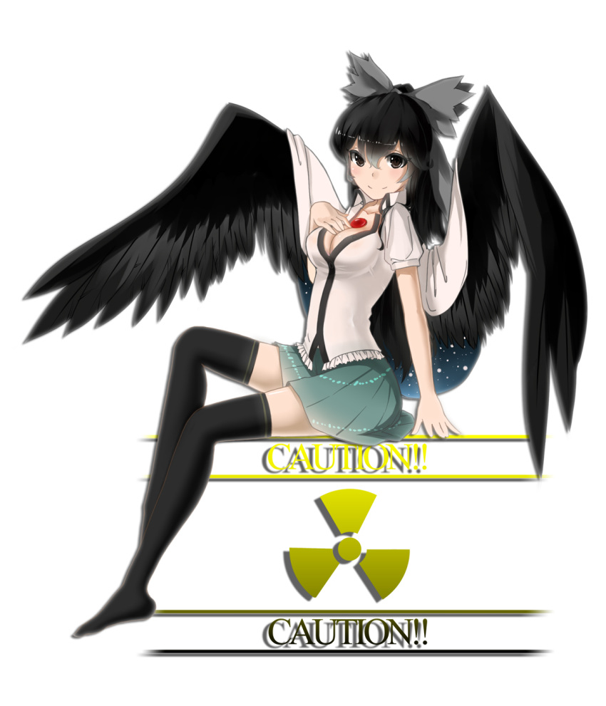 1girl, ariadoszz, black_eyes, black_hair, black_legwear, black_wings, breasts, cape