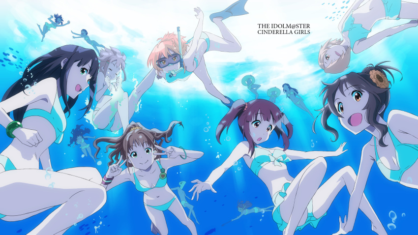 6+girls, :t, bikini, black_hair, bracelet, breasts, brown_hair, character_request