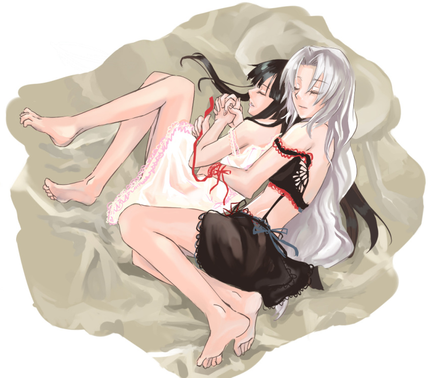 bare_shoulders, barefoot, black_hair, cuddling, feet, hands, holding_hands, houraisan_kaguya