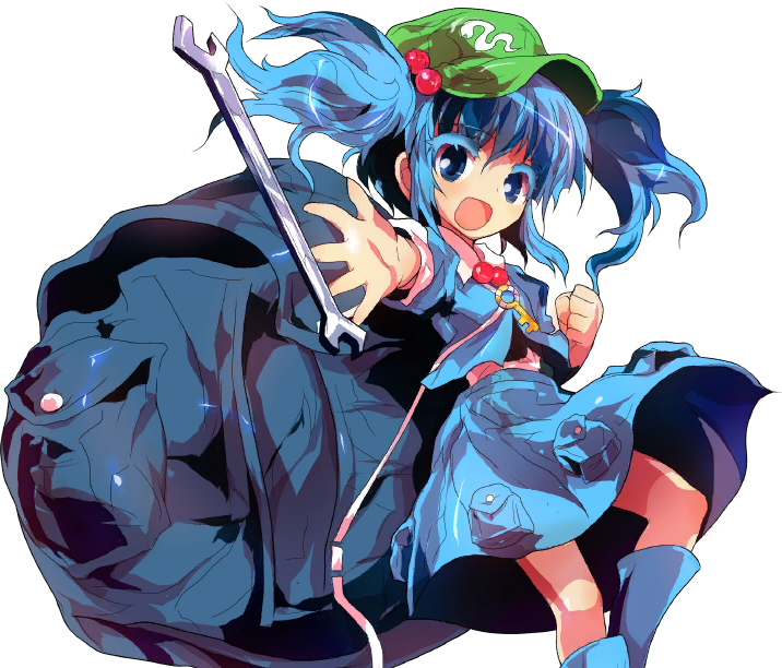 1girl, alphes, backpack, bag, blue_eyes, blue_hair, boots, hair_bobbles
