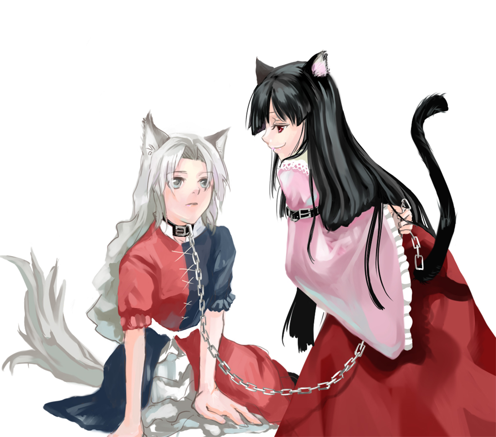 black_hair, cat_ears, chain, chains, collar, houraisan_kaguya, kemonomimi_mode, leash