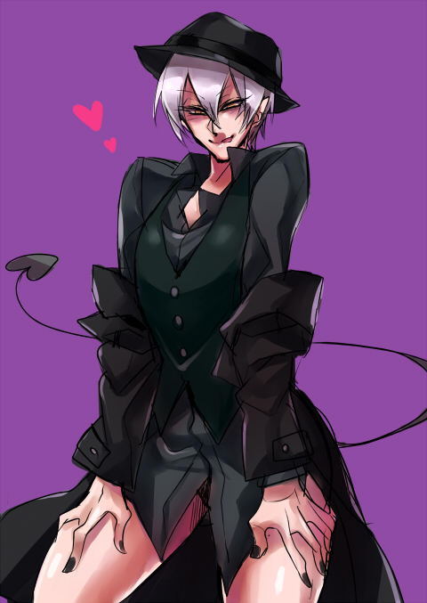 1boy, alternate_hair_color, black_nails, blazblue, bottomless, demon_tail, fedora, hands_on_thighs