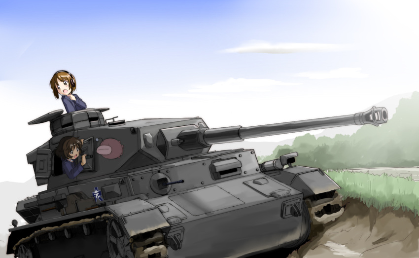 akiyama_yukari, amraam120c, brown_hair, caterpillar_tracks, girls_und_panzer, headphones, military, military_vehicle, multiple_girls, nishizumi_miho, panzerkampfwagen_iv, short_hair, tank, uniform, vehicle