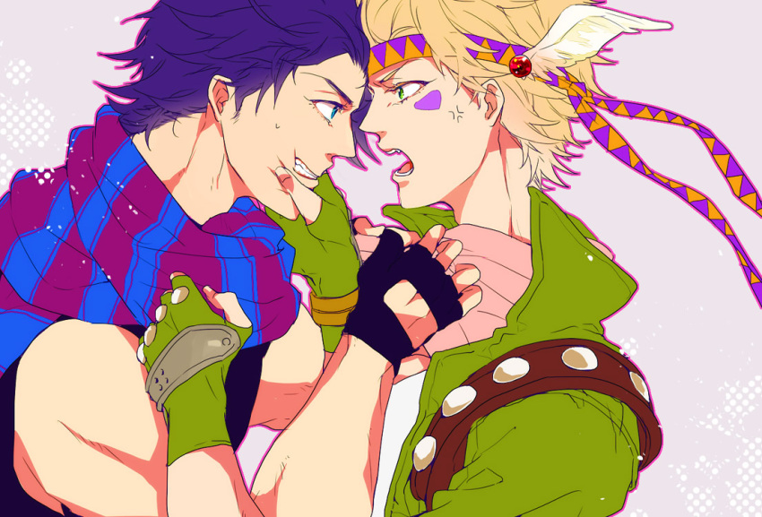 2boys, anger_vein, blonde_hair, blue_eyes, blue_hair, caesar_anthonio_zeppeli, cheek_squash, facial_mark