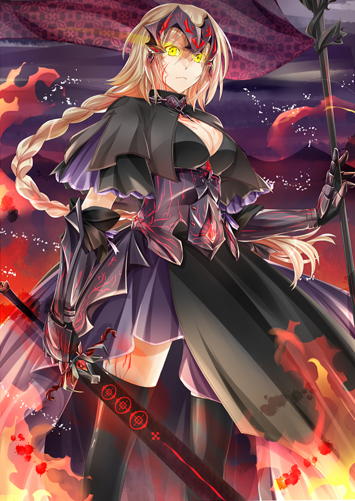 1girl, armor, blonde_hair, braid, breasts, capelet, cleavage, dark_persona