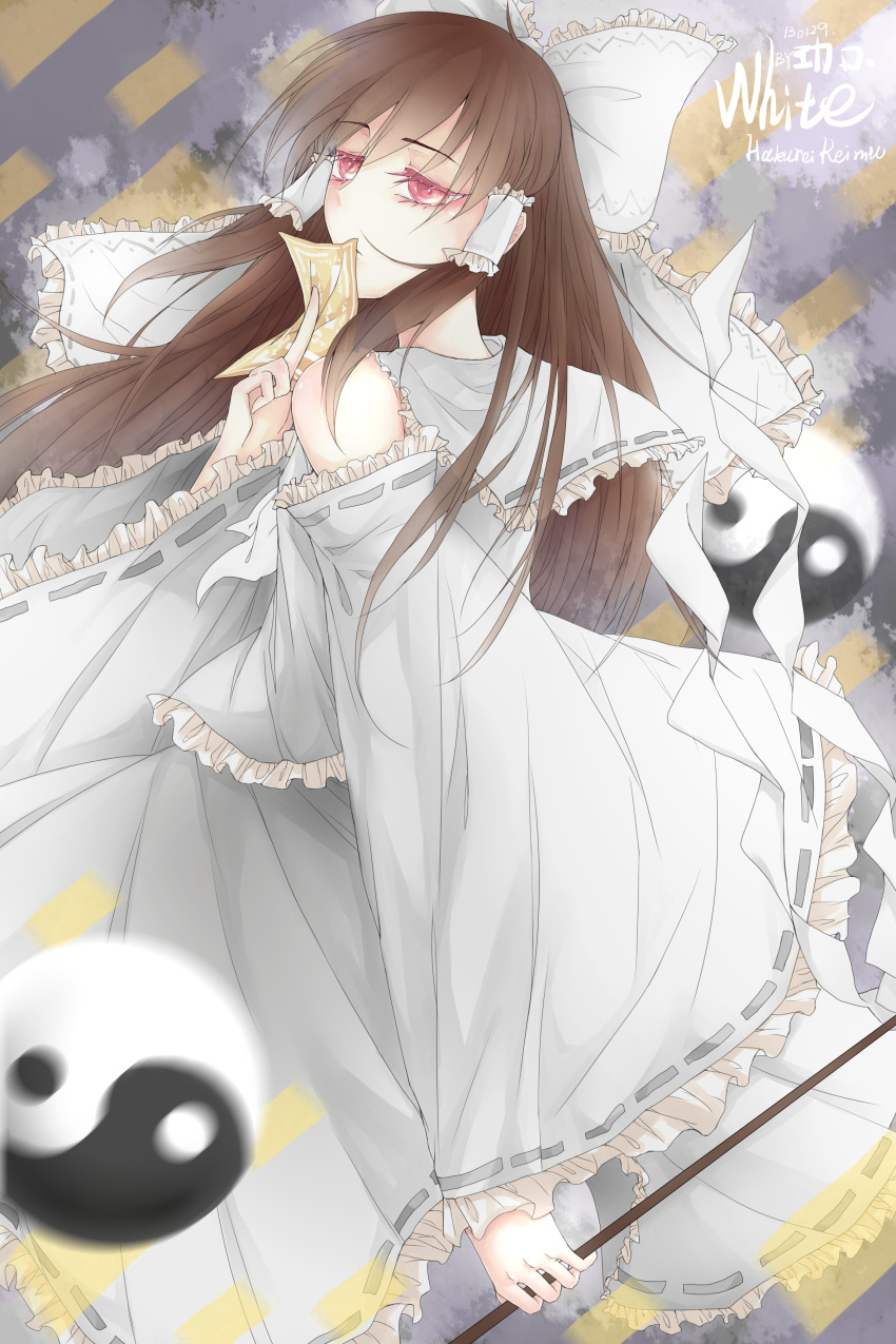 1girl, absurdres, alternate_color, ascot, bare_shoulders, bow, brown_eyes, brown_hair