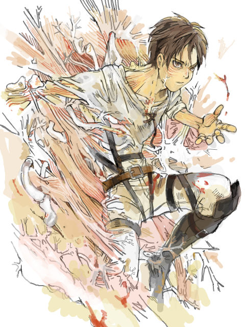 1boy, belt, black_eyes, boots, brown_hair, eren_jaeger, koyama, shingeki_no_kyojin
