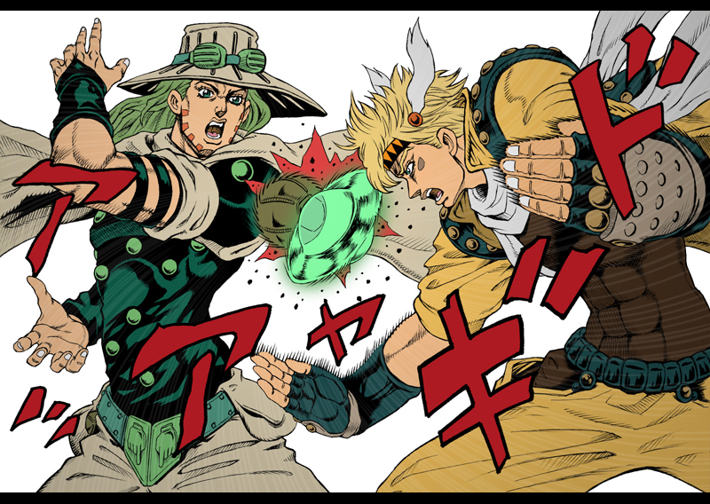 2boys, blonde_hair, blue_eyes, caesar_anthonio_zeppeli, collective-mind, facial_mark, fighting, green_hair