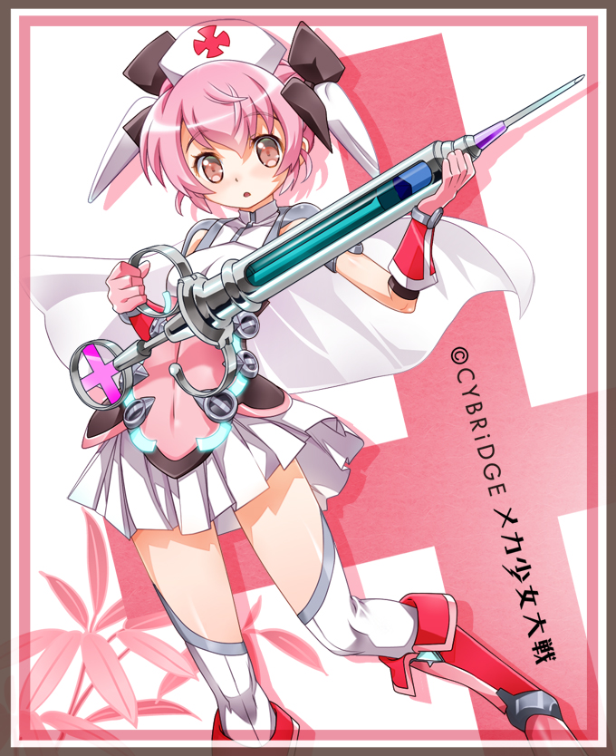 1girl, hat, looking_at_viewer, mecha_shoujo_taisen_z, nurse_cap, nyoronyoro, pink_hair, short_hair