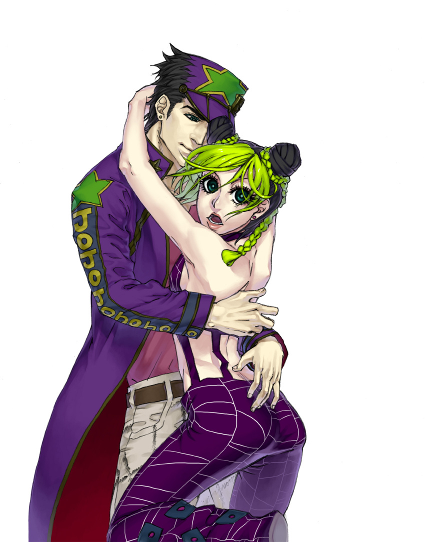 1boy, 1girl, black_hair, braid, double_bun, father_and_daughter, green_eyes, green_hair, hat, highres, hug, jojo_no_kimyou_na_bouken, kuujou_jolyne, kuujou_joutarou, midriff, multicolored_hair, two-tone_hair, umedairuka