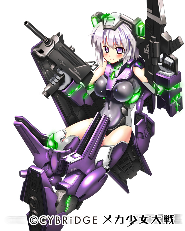1girl, blush, breasts, dual_wielding, gun, kurume_shou, mecha_musume, mecha_shoujo_taisen_z