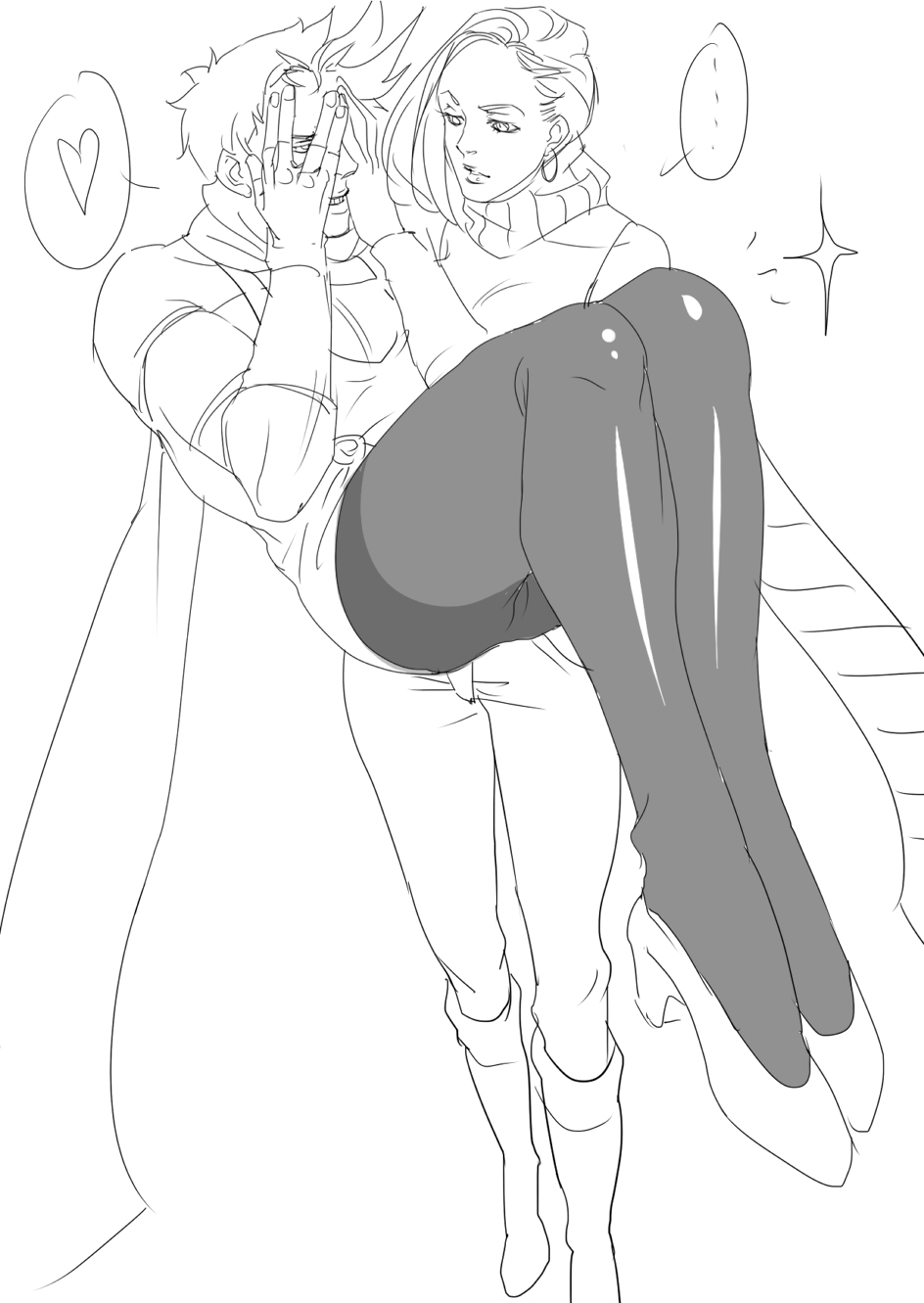 ..., 1girl, boots, carrying, cosplay, costume_switch, covering_face, earrings, emg_(christain), heart, high_heels, highres, jewelry, jojo_no_kimyou_na_bouken, joseph_joestar_(young), joseph_joestar_(young)_(cosplay), lisa_lisa, lisa_lisa_(cosplay), long_hair, mother_and_son, partially_colored, princess_carry, role_reversal, scarf, shoes, spoken_heart