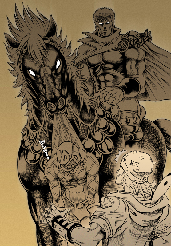 3boys, blank_eyes, cape, collective-mind, crossover, diego_brando, hokuto_no_ken, horse