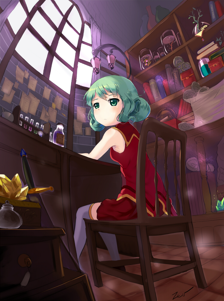 1girl, bare_shoulders, blush, book, bookshelf, brooch, cape, crystal