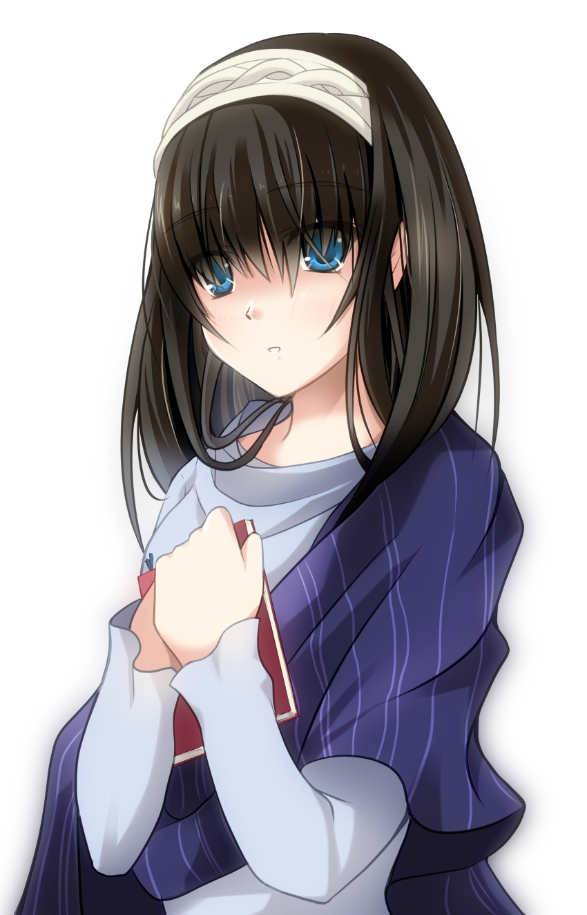 1girl, absurdres, black_hair, blue_eyes, book, guatemala, hairband, highres, idolmaster, idolmaster_cinderella_girls, long_hair, long_sleeves, sagisawa_fumika, shawl, solo, white_background