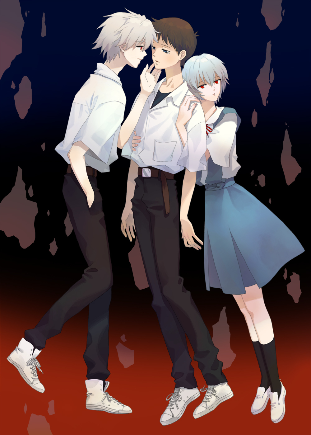 1girl, 2boys, ayanami_rei, blue_eyes, blue_hair, brown_hair, grey_hair, hand_on_another's_face
