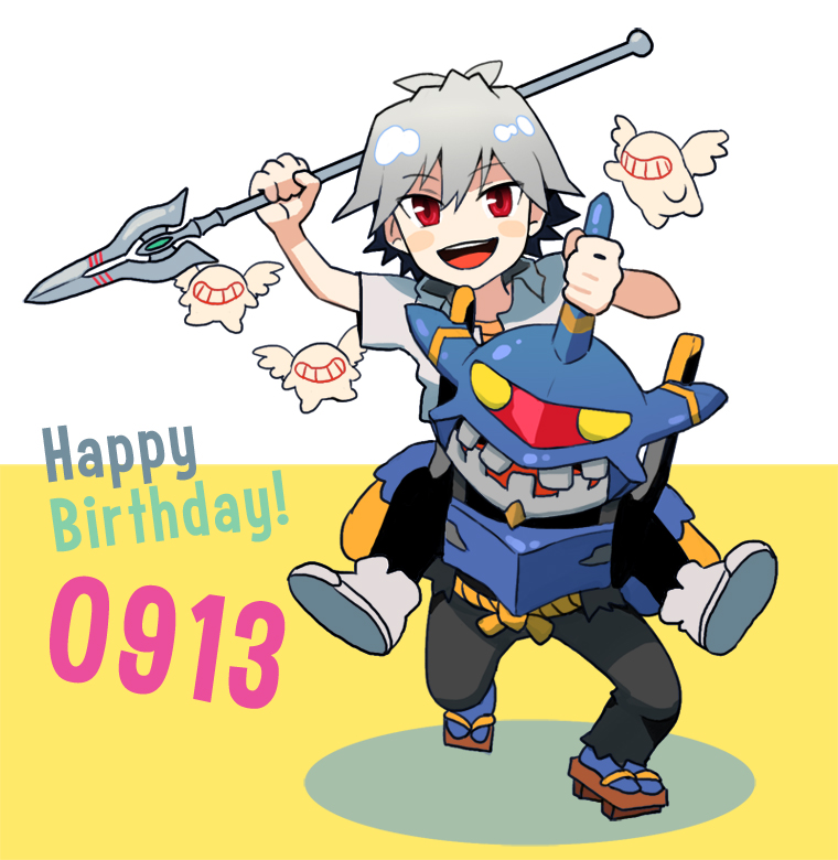 1boy, carrying, chibi, eva_06, grey_hair, lance, mass_production_eva, mecha