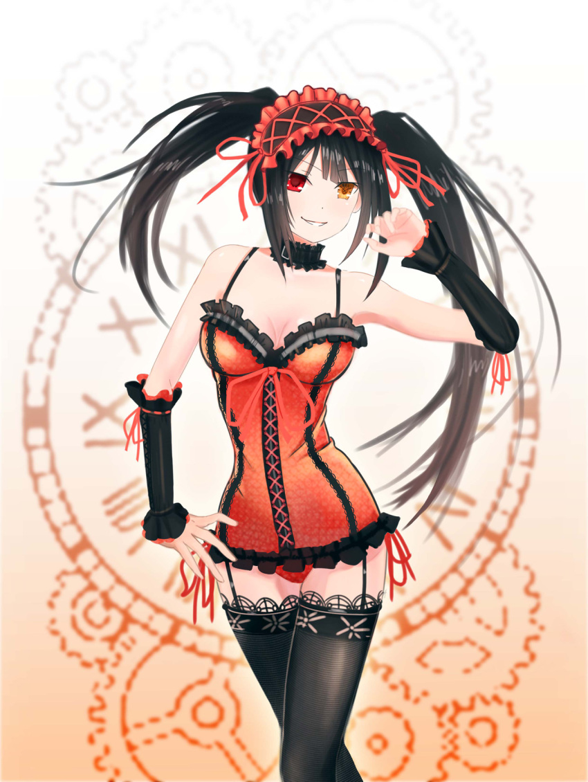 1girl, artist_request, black_hair, black_legwear, clock_eyed, corset, date_a_live, detached_sleeves