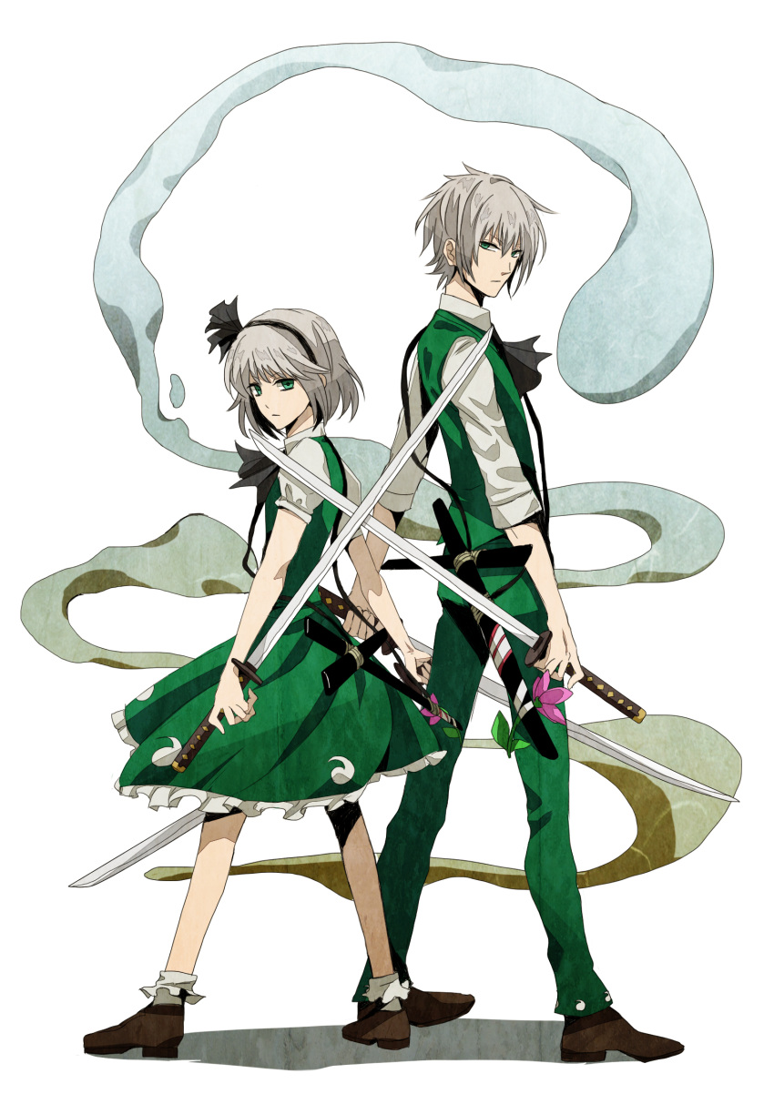 1boy, 1girl, ascot, bobby_socks, crossed_swords, dual_persona, flower, genderswap, green_eyes, hair_ribbon, highres, katana, kodachi, konpaku_youmu, konpaku_youmu_(ghost), looking_at_viewer, nagamoto, pants, reverse_grip, ribbon, short_hair, short_sleeves, short_sword, silver_hair, simple_background, skirt, skirt_set, socks, sword, touhou, unsheathed, vest, weapon, white_background
