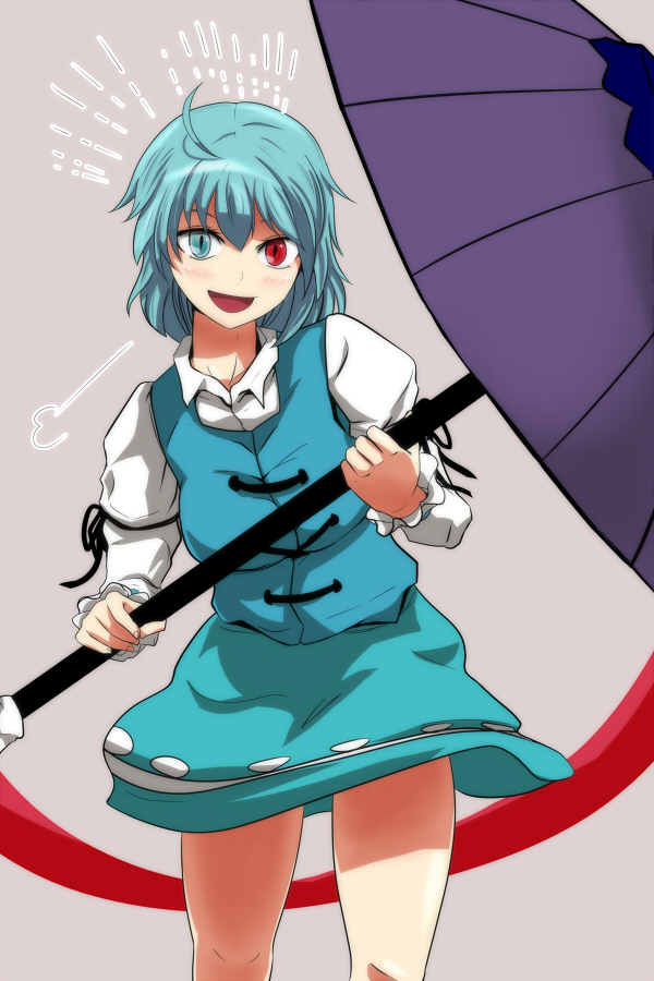 1girl, ahoge, blue_eyes, blue_hair, blush, heterochromia, highres, karakasa_obake