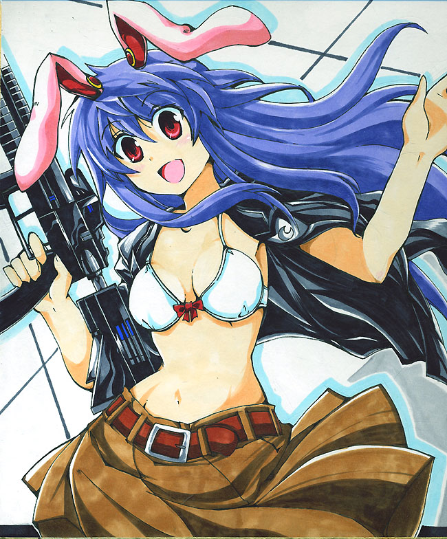 1girl, alternate_costume, animal_ears, bikini, breasts, gun, long_hair, purple_hair, rabbit_ears, red_eyes, reisen_udongein_inaba, skirt, smile, solo, swimsuit, touhou, train_90, weapon