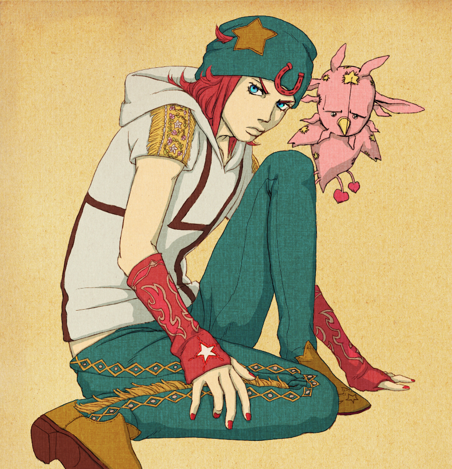 1boy, adapted_costume, beanie, blue_eyes, dididididinosaur, hat, hoodie, horseshoe