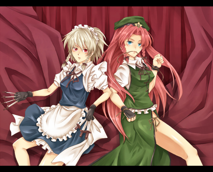 braid, china_dress, chinadress, chinese_clothes, hat, hong_meiling, izayoi_sakuya, izumo_sakuto