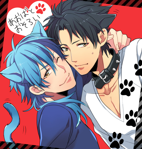 2boys, animal_ears, aoba_seragaki, black_hair, blue_hair, blush, cat_tail, collar