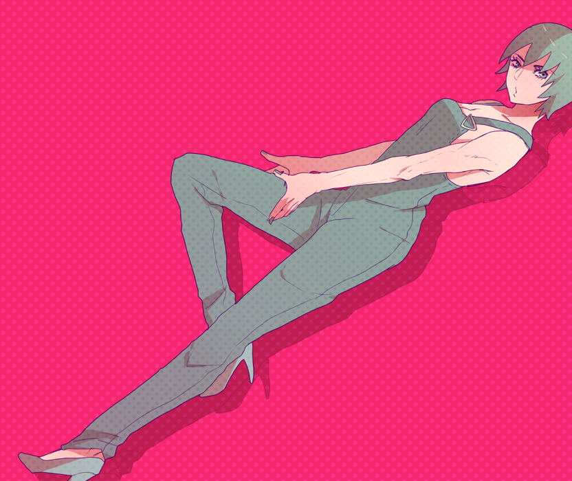 1girl, aju222, foo_fighters, green_eyes, green_hair, high_heels, jojo_no_kimyou_na_bouken, nail_polish, overalls, shoes, short_hair, solo