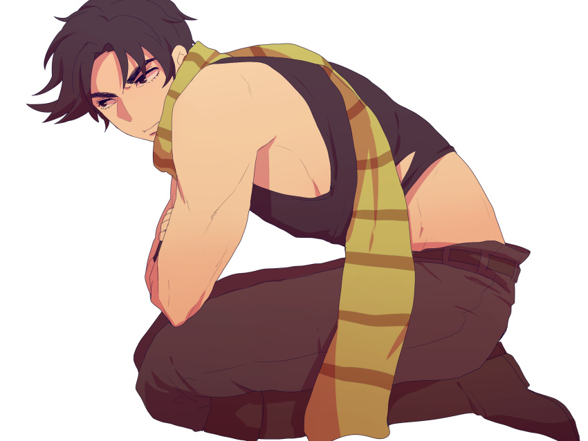 1boy, aju222, bare_shoulders, black_hair, blue_eyes, boots, crossed_arms, highres, jojo_no_kimyou_na_bouken, joseph_joestar_(young), kneeling, scarf, solo