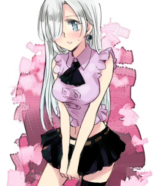 1girl, asymmetrical_clothes, black_legwear, blue_eyes, earrings, jewelry, leoneth_elizabeth, long_hair