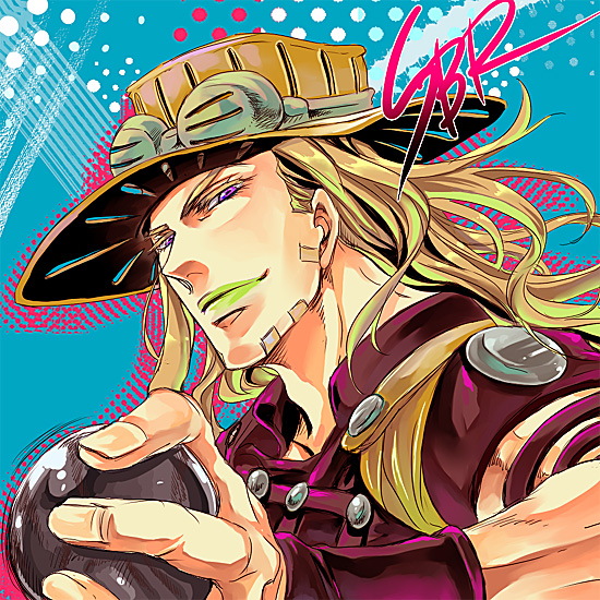 1boy, ball, beard, bridal_gauntlets, brown_hair, facial_hair, gyro_zeppeli, hat