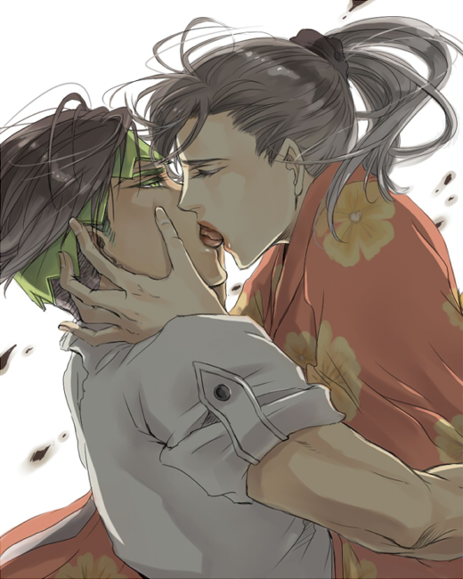1boy, 1girl, black_hair, family, french_kiss, green_eyes, headband, incest