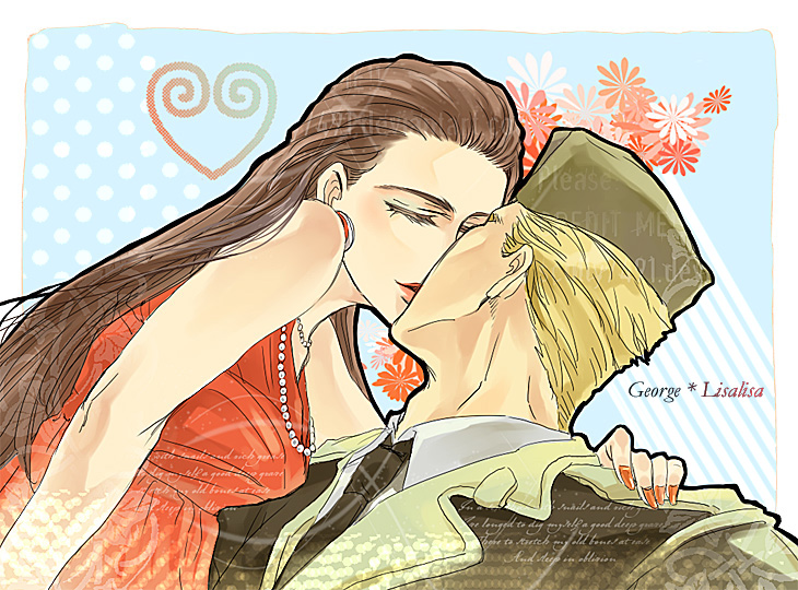 1boy, 1girl, blonde_hair, brown_hair, couple, dress, george_joestar_ii, husband_and_wife, jojo_no_kimyou_na_bouken, kiss, lisa_lisa, long_hair, military, military_hat, military_uniform, spritzer, uniform