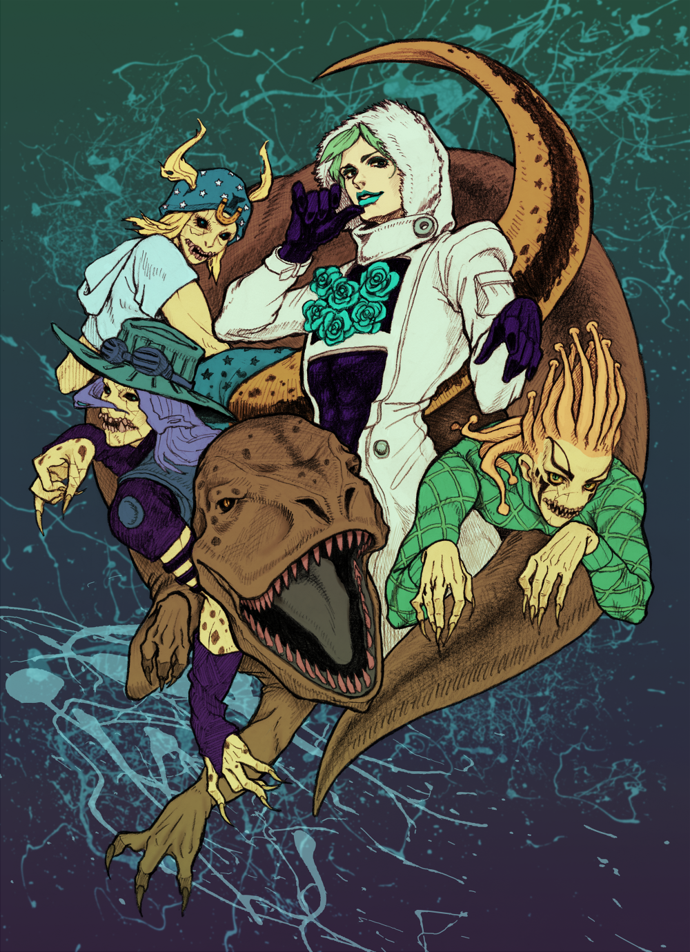 4boys, diego_brando, dinosaur, dr._ferdinand, flower, green_hair, gyro_zeppeli, hat
