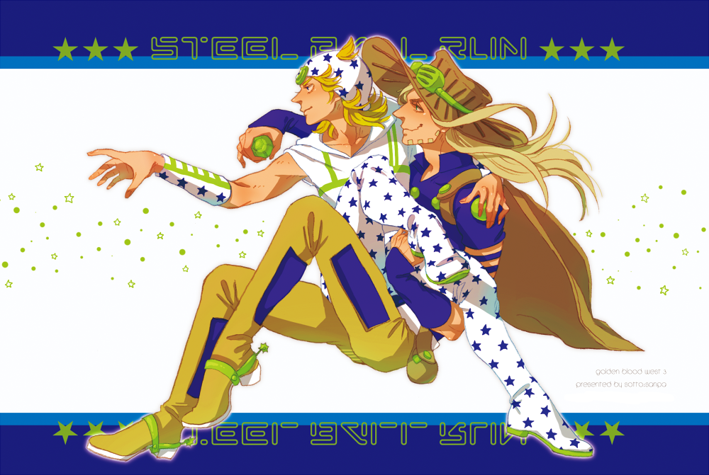 2boys, blonde_hair, cape, carrying, gyro_zeppeli, hat, hoodie, johnny_joestar