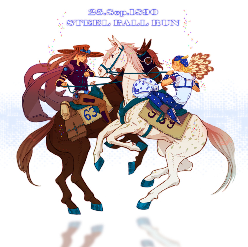 blonde_hair, brown_hair, cape, feathers, gyro_zeppeli, hat, hoodie, horse