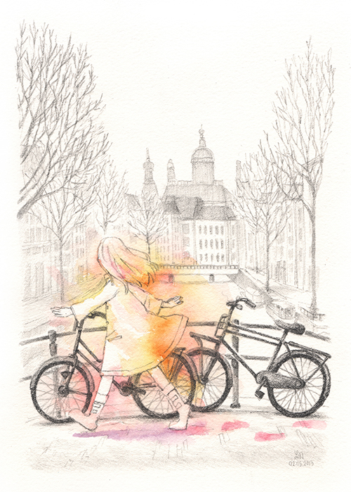 1girl, bare_tree, bicycle, bridge, city, coat, dated, footprints