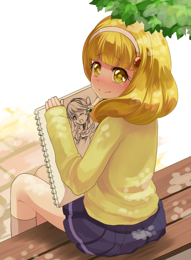 1girl, blonde_hair, blush, drawing, kise_yayoi, looking_back, marblewars, miracle_peace