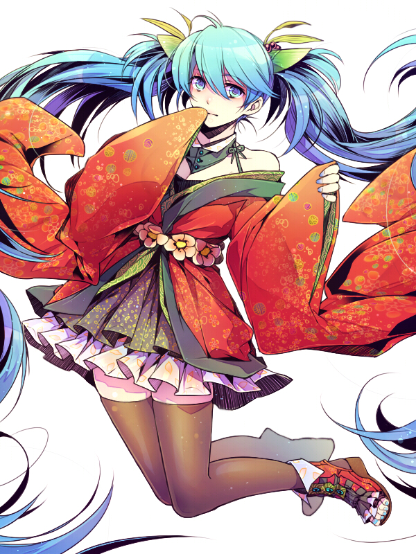 1girl, blue_eyes, blue_hair, hatsune_miku, jumping, long_hair, ogamon, skirt, solo, thighhighs, twintails, very_long_hair, vocaloid, white_background